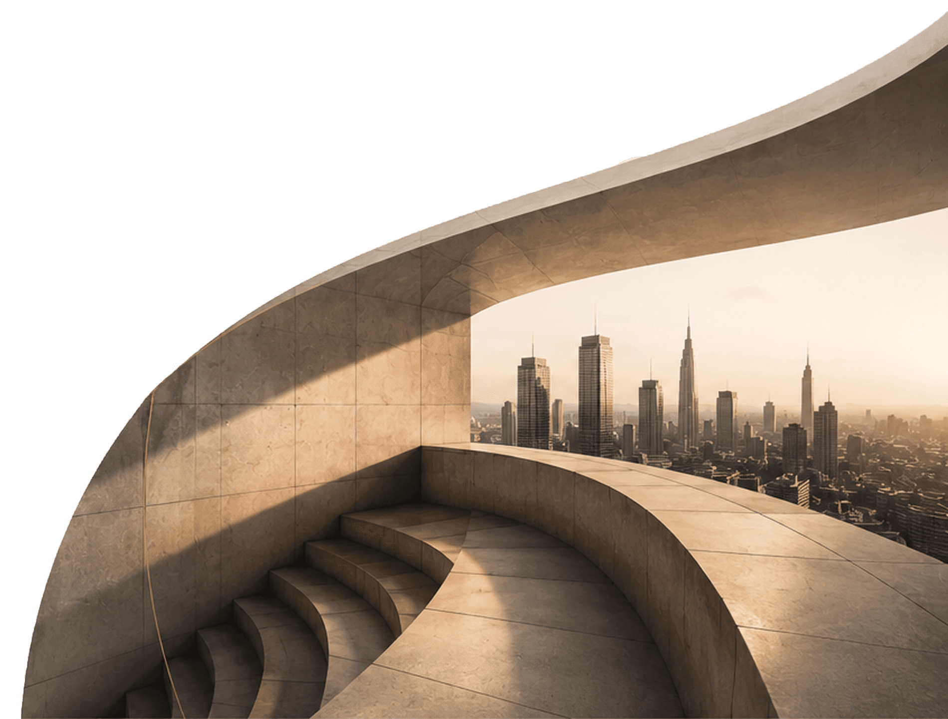 Curved concrete terrace opening onto a distant city skyline at golden hour