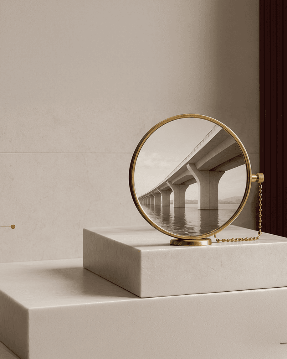 Gold lens reflecting a bridge, on a marble plinth