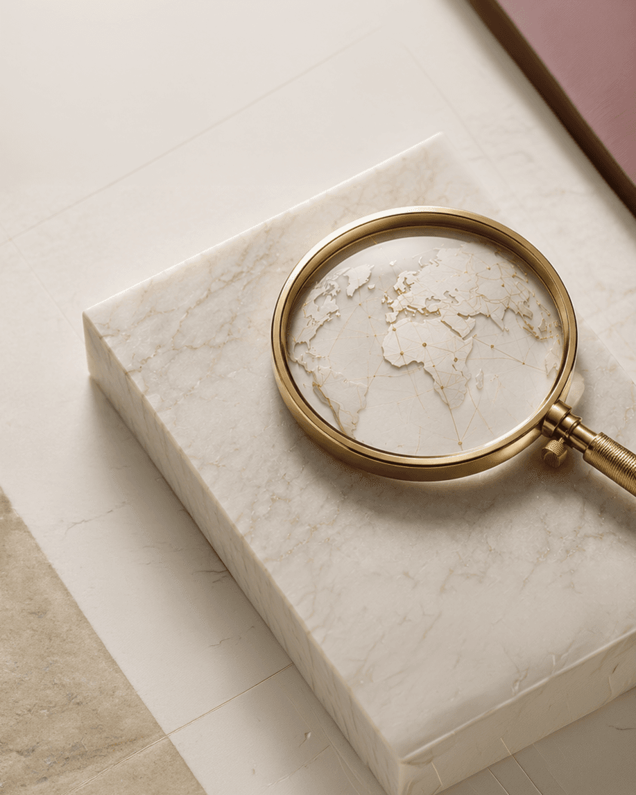 Gold magnifying glass over a marble world map