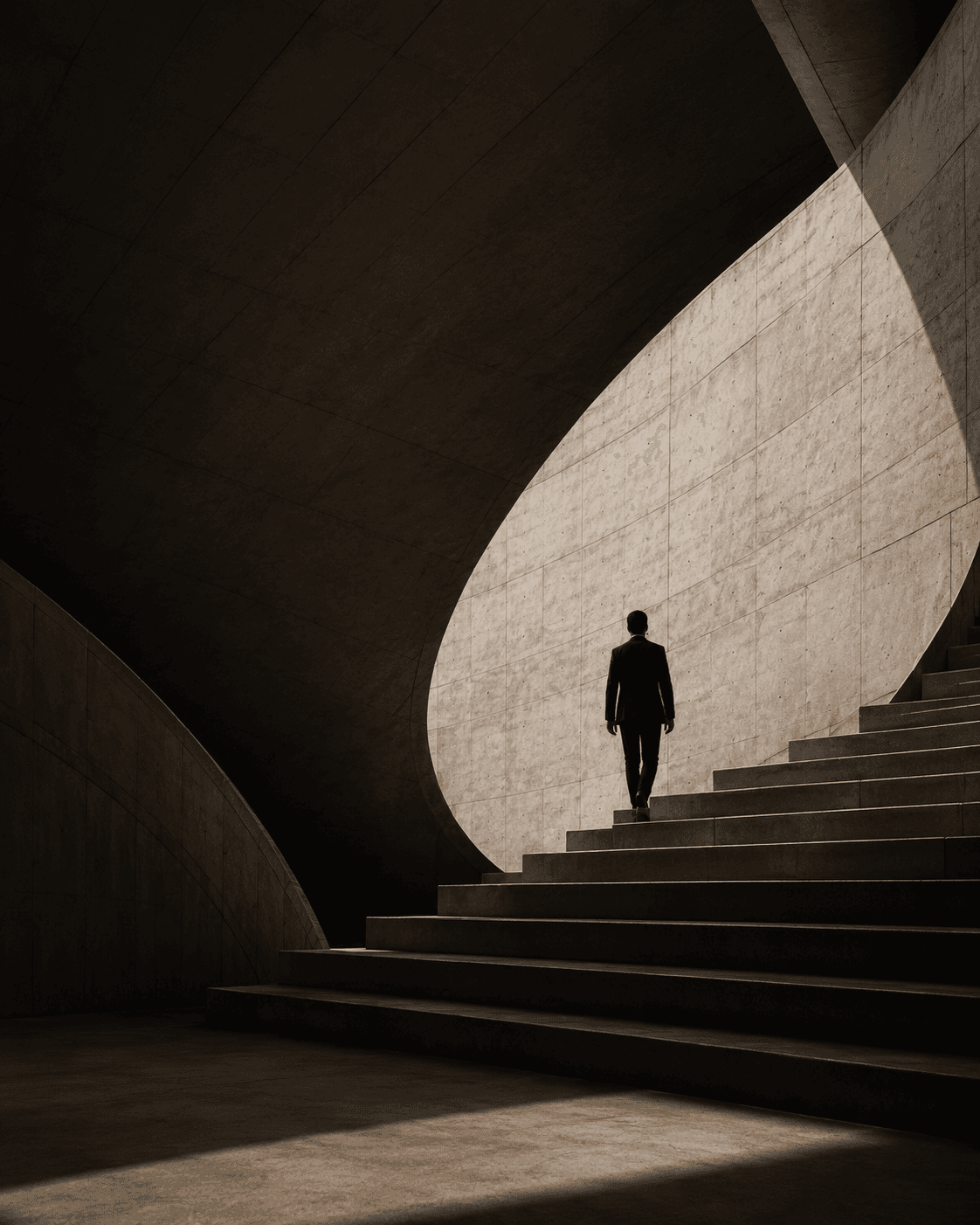 Lone figure ascending a sweeping concrete stair — Development