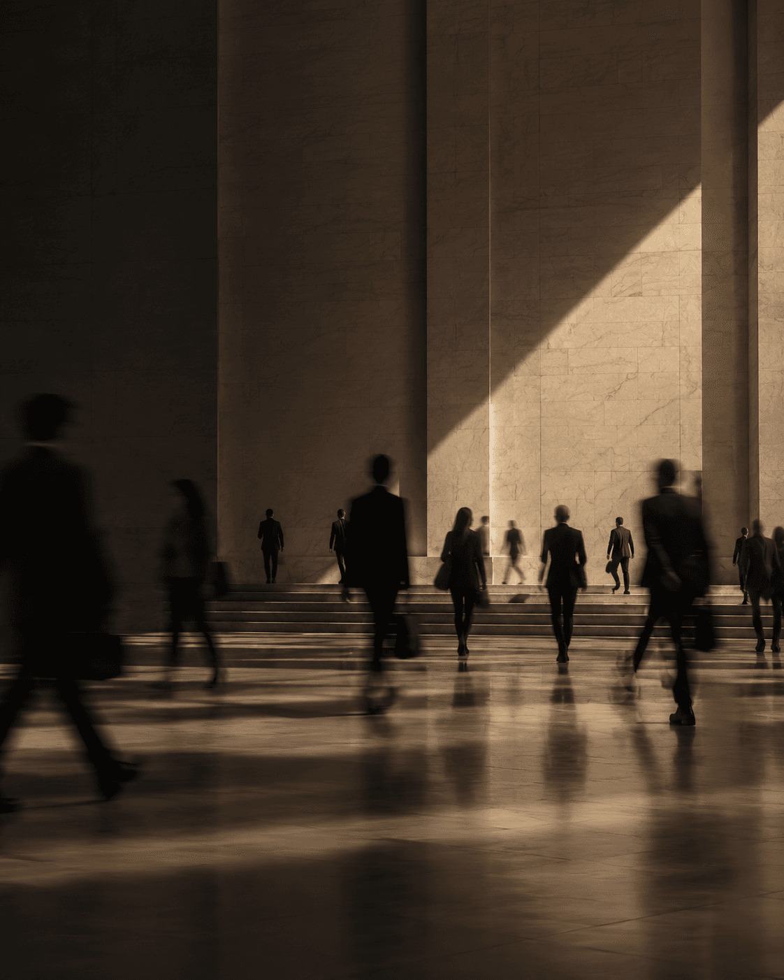 Figures crossing a sunlit civic hall — People & Society