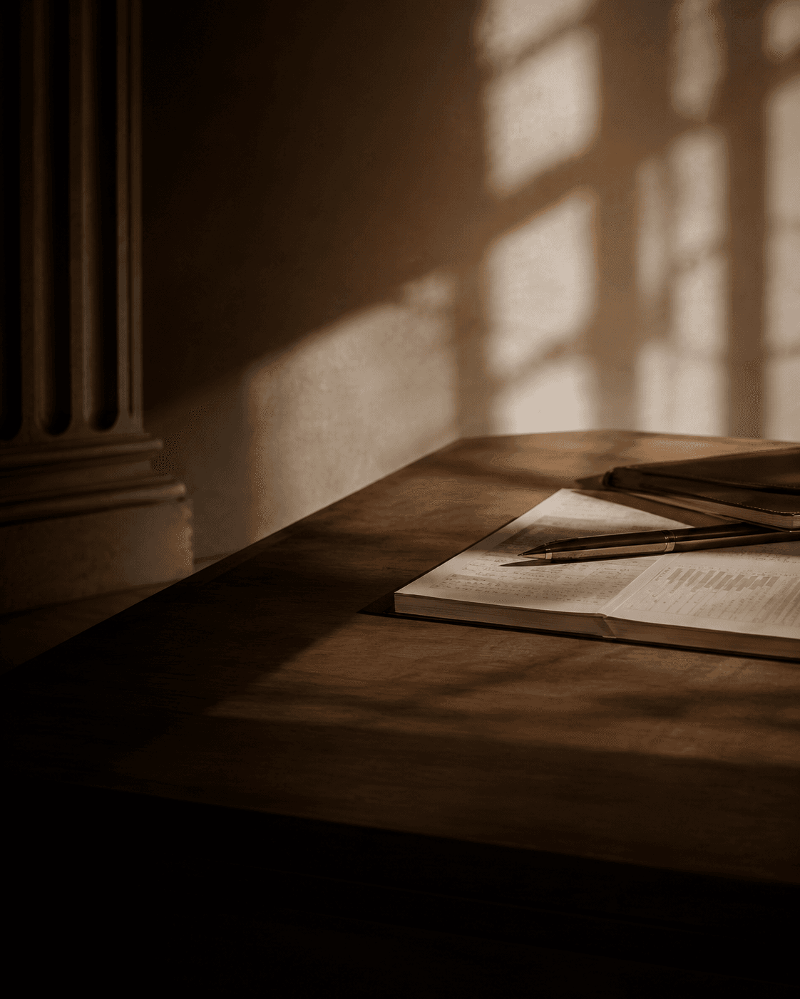 Documents and notes on a desk in low light — Research & Insight